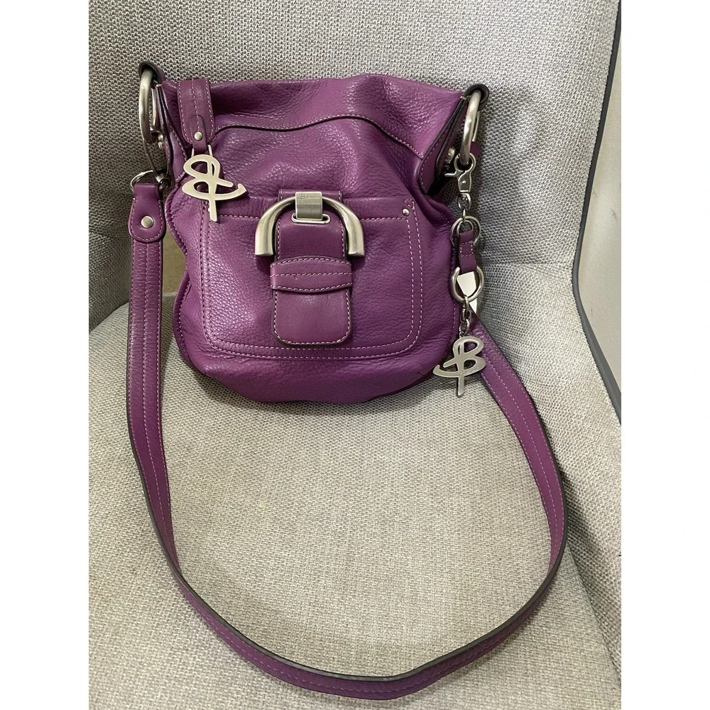B. Makowsky Womens Purple Genuine Leather Buckle Crossbody Bag Purse